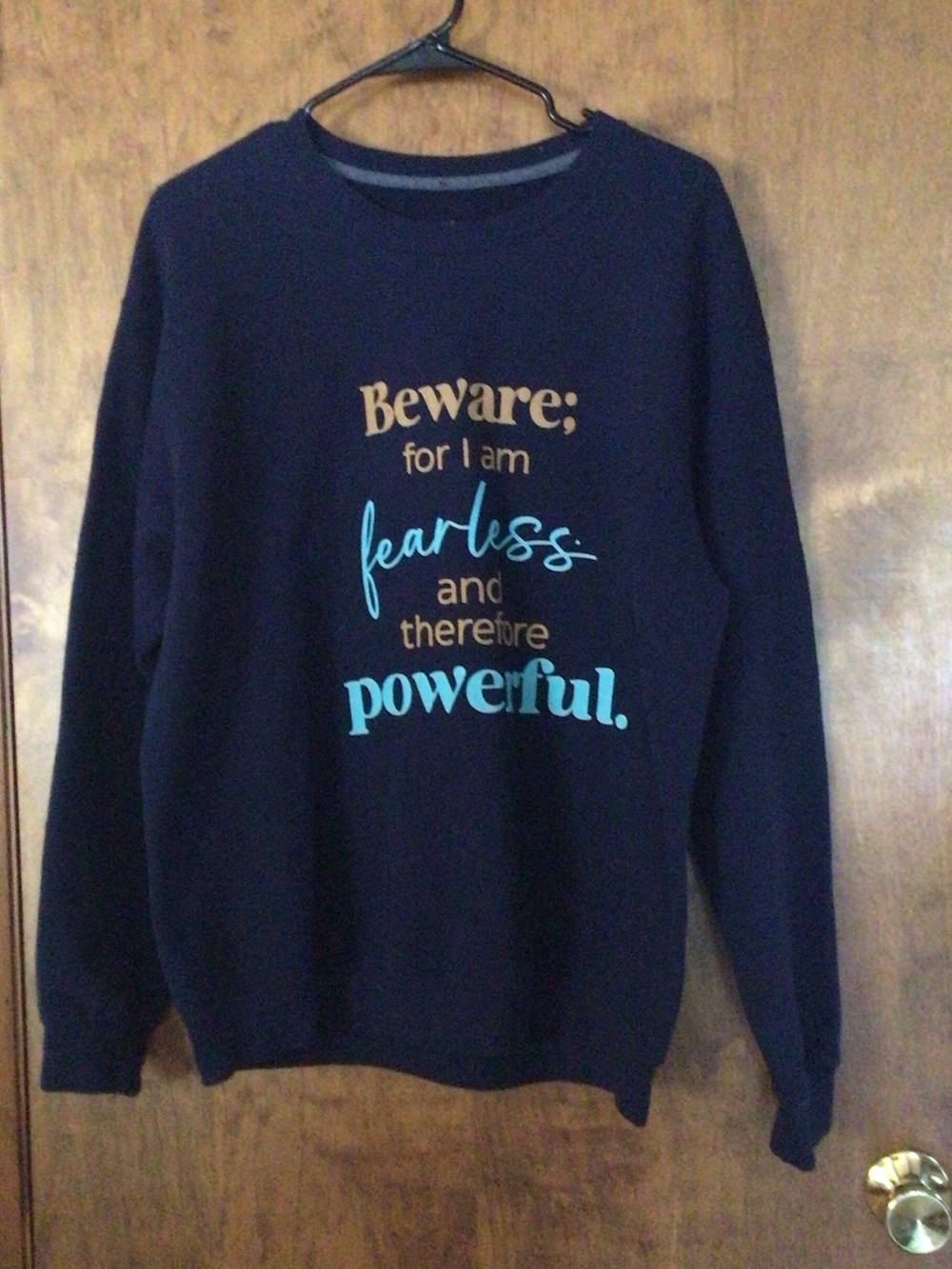 Fruit of the Loom Navy Sweatshirt with Tan and Light Blue Motivational Print